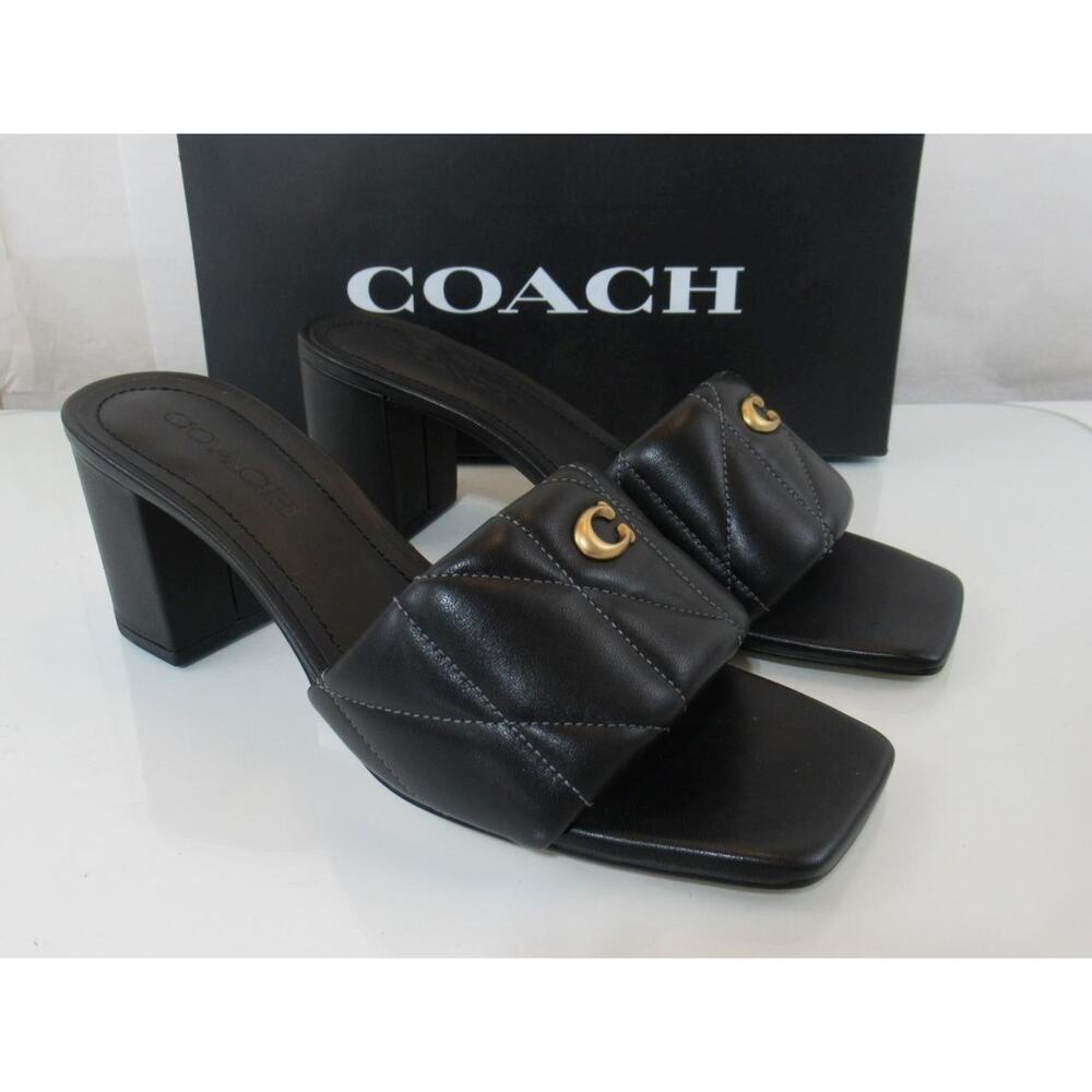 Coach Size 7.5 Holly Block Heel Dress Sandals Quilted Leather Slide Black - Picture 4 of 8